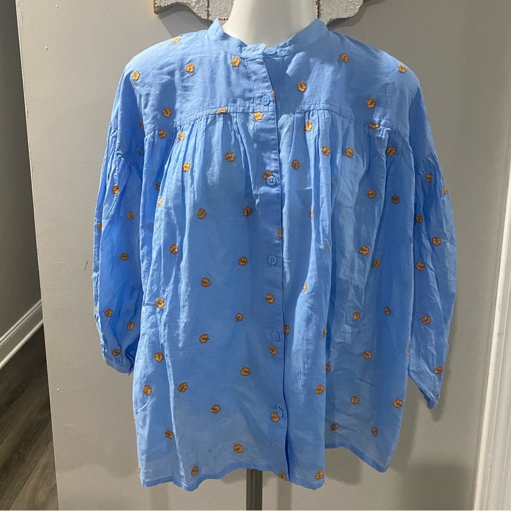 NWT! Scotch and Soda Organic‎ gathered sleeve embroidered shirt Sky Blue